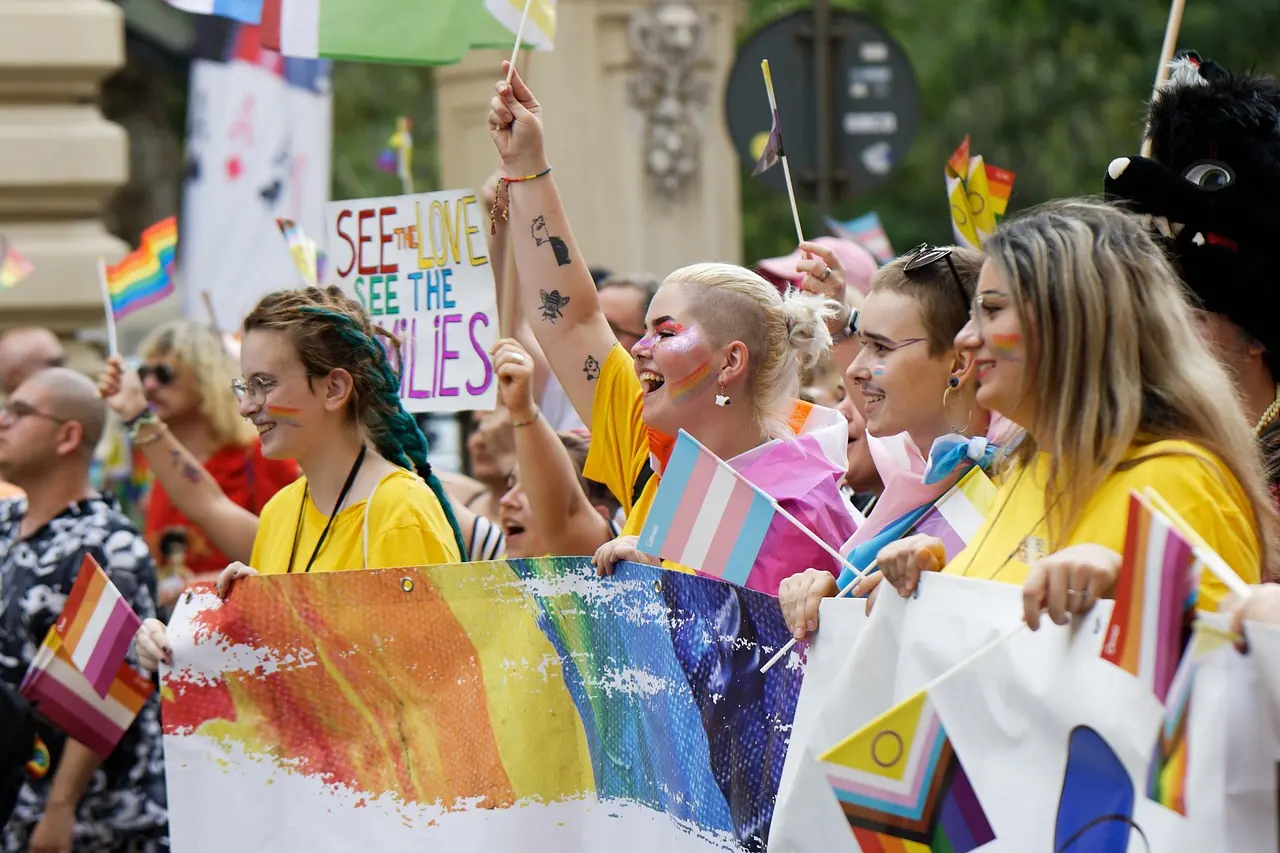 people ladies girls colors flags advocacy event pride parade mark the street urban town community cheerfulness exuberance cla