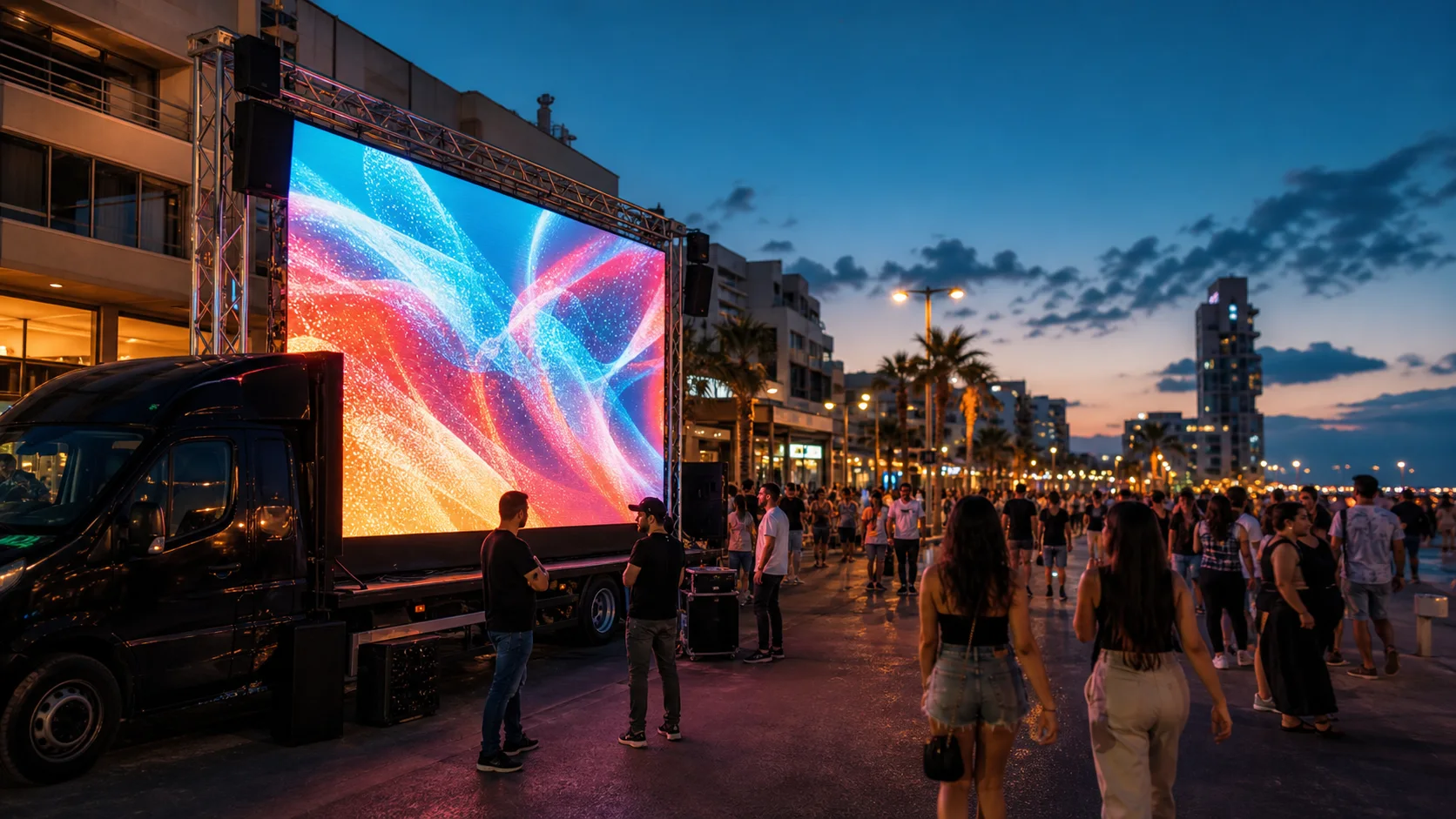 המחשה של מסך LED נייד בפעילות רחוב עירונית בישראל