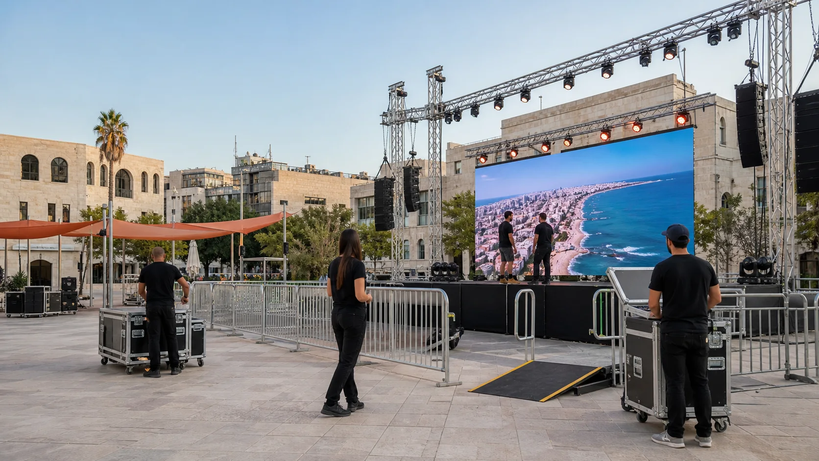 המחשה של הקמת מסך LED ובמה בכיכר עירונית