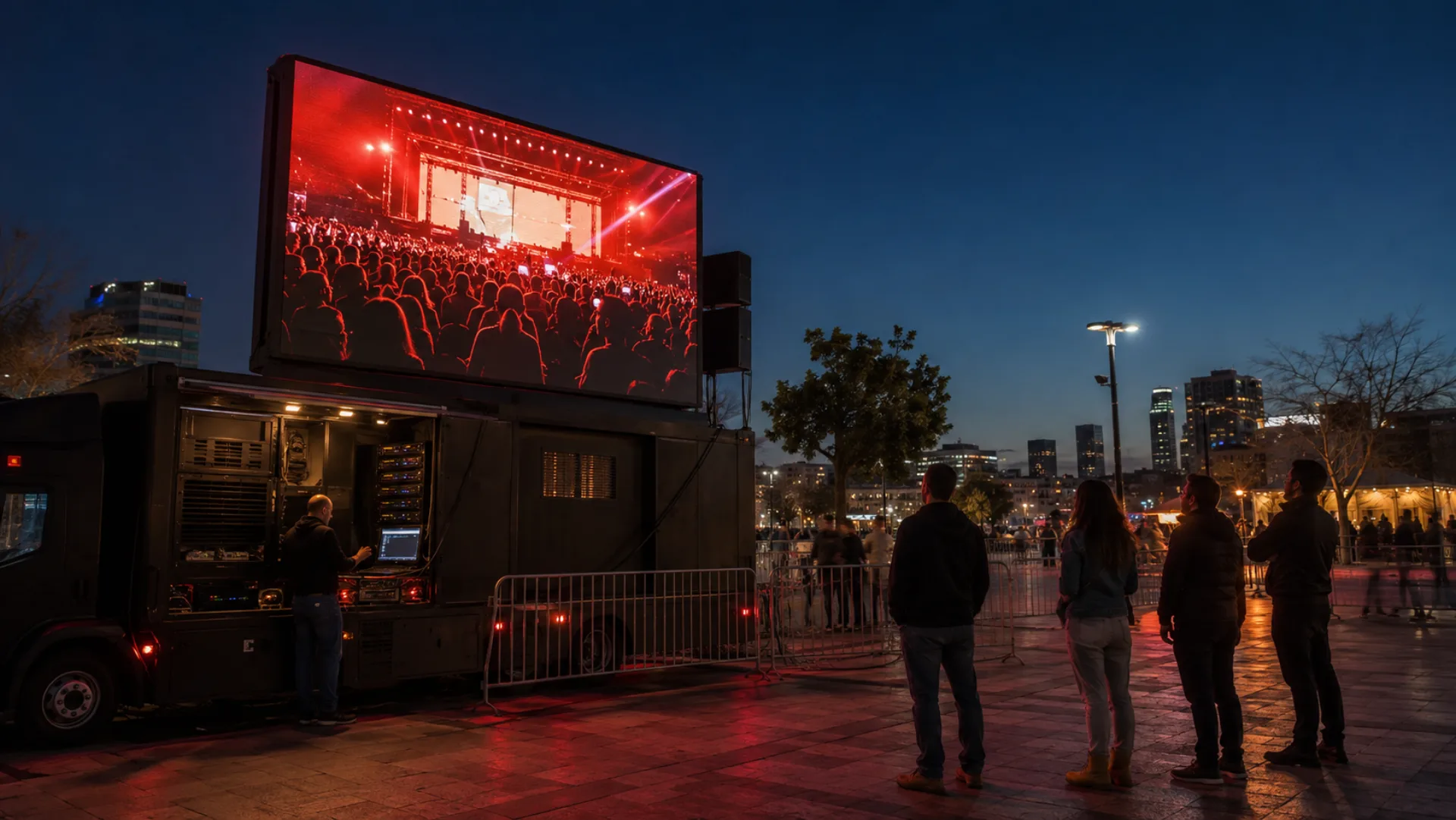 מסך LED נייד מופעל בכיכר עירונית בשעות הערב