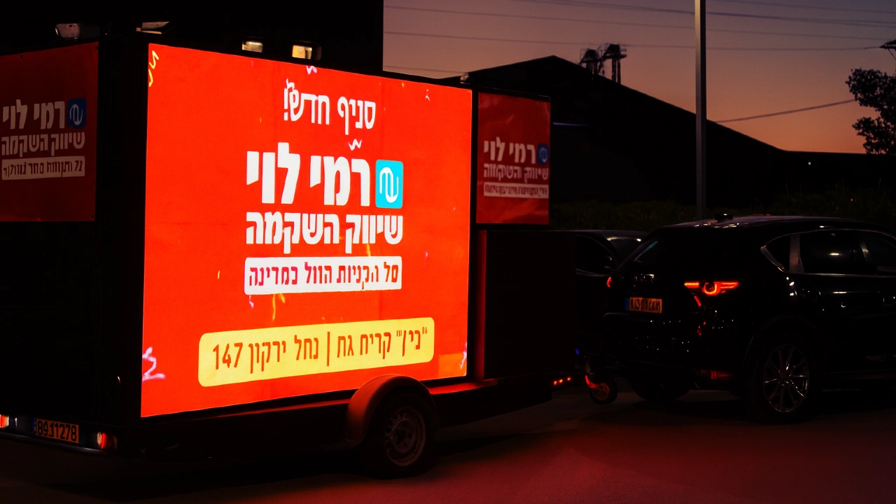 מסך LED נייד מציג הודעת פתיחת סניף של רמי לוי בשעות הערב